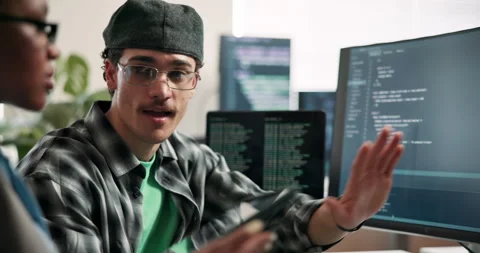 Computer, screen or man in meeting for code review, refine design or mobile Stock Footage 346762277
