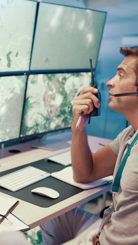 Computer, screen or man with radio for weather broadcast, report or satellite Video stock 335271954
