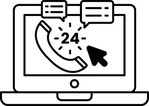 A computer screen with a phone icon and a clock showing the time of 24 Stock Illustration