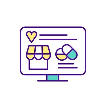 Computer screen with pills, pharmacy and heart icon RGB color icon Illustrazione stock