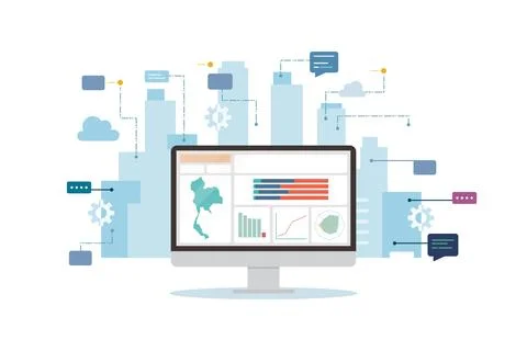Computer screen position with business analysis app dashboard with urban ci.. Stock Illustration
