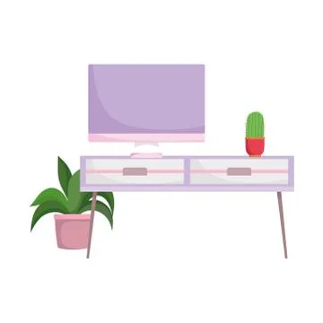 Computer screen with potted cactus on table and plant isolated design white Stock Illustration