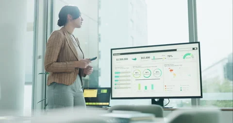 Computer screen, prepare and presentation with business woman in boardroom Stock Footage 280025726