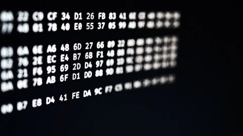 Computer screen processing hexadecimal data patterns linux white characters Stock Footage 122405732