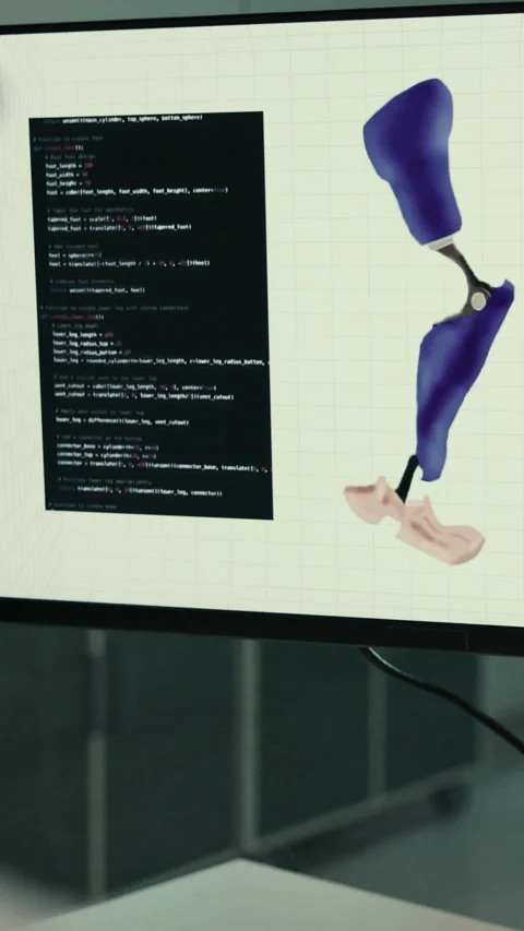 Computer screen, programmer and code for robotics with prosthetic leg, interior 스톡 동영상 332913476