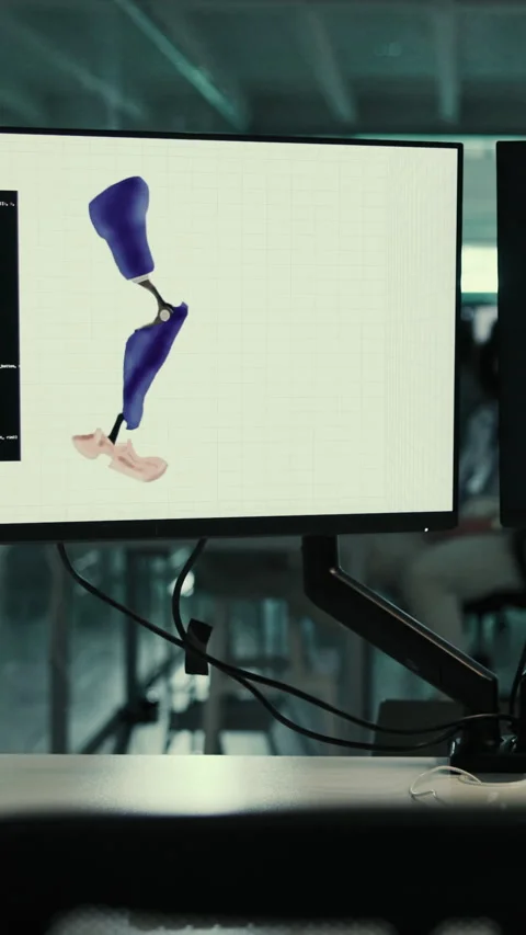 Computer screen, programming and code for robotics with prosthetic leg, interior Stock Footage 332903045