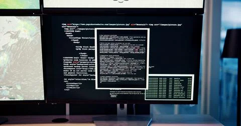 Computer screen, programming and display with code in empty office for IT 库存照片