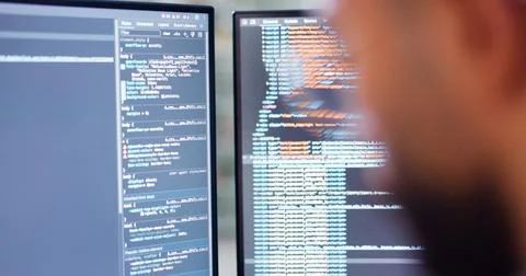 Computer, screen, programming and web development with person in office for 스톡 사진