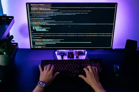 Computer screen with programming code abstract technology background of software Stock Photos