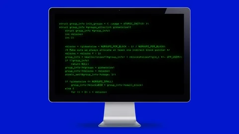 Computer Screen with Programming Code on Blue Background. Alpha Channel, 4K Stock Footage 107578623