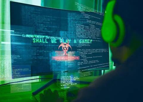 Computer screen, programming or identity theft with hacker man for phishing Stock Photos