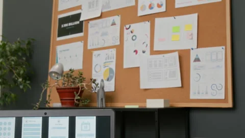 Computer Screen with Prototypes and Document Board at UX Design Company Stock Footage 327902329