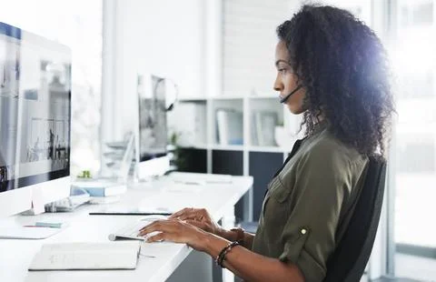 Computer screen, reading or woman with headset in office, hotline training .. Stock Photos