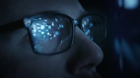 Computer Screen Reflection In Glasses Dark Room Technology Digital Light Stock Footage 297322808