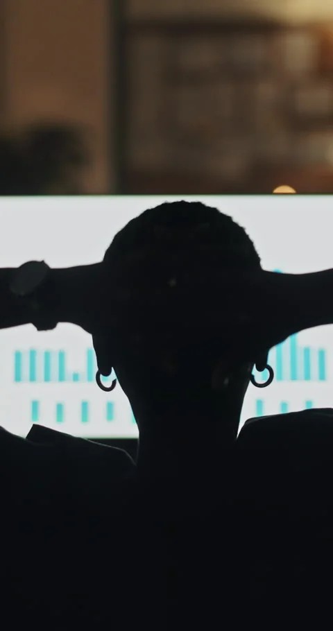 Computer screen, relax and stretching with business woman, finish trading or Stock Footage 319313118