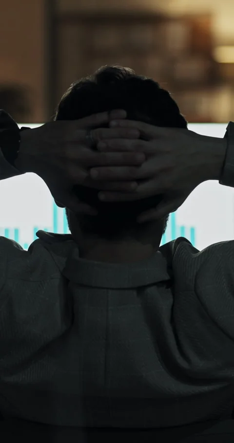 Computer screen, relax and stretching with business man, finish trading and Stock Footage 319346191