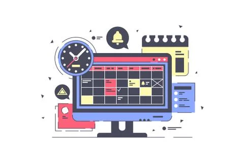 Computer screen with schedule equipment and planning. Illustrazione stock