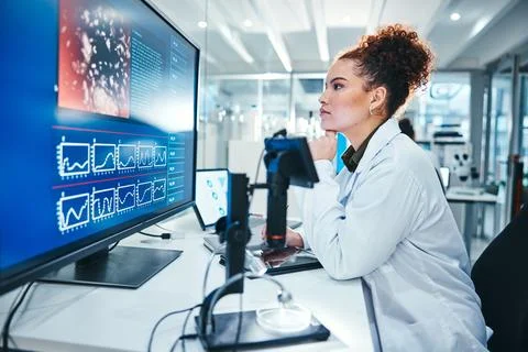 Computer screen, science and thinking with woman in laboratory for development 스톡 사진