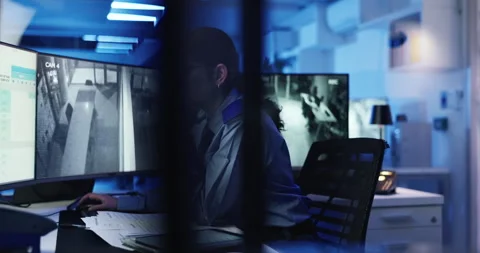 Computer screen, security guard and woman with cctv for surveillance, problem Stock Footage 306549098