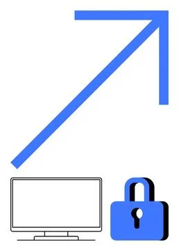 Computer screen, security lock, and upward arrow representing growth in dig.. Ilustración de archivo