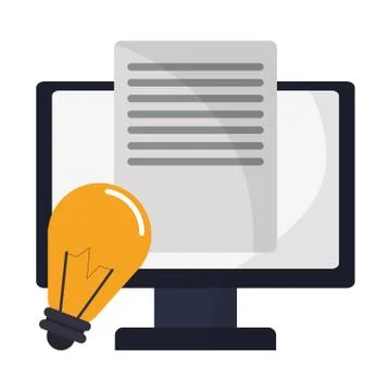 Computer screen with sheet and bulb light Illustrazione stock