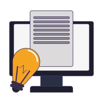 Computer screen with sheet and bulb light blue lines Stock Illustration