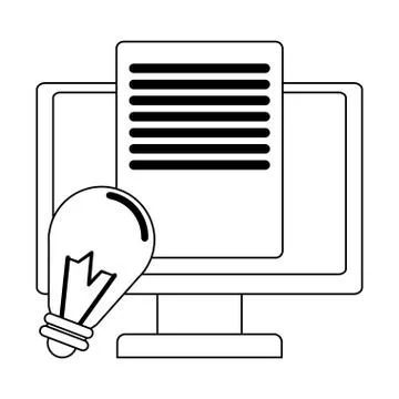 Computer screen with sheet and bulb light in black and white Stock Illustration