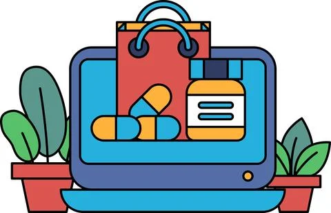A computer screen with a shopping bag and a bottle of pills on it 스톡 일러스트