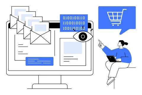 Computer screen showcasing emails, binary code, eye symbol, and shopping cart Stock Illustration