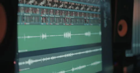 Computer screen showing audio and video in an editing software Stock Footage 306199310