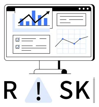Computer screen showing bar chart with upward trend, line graph, checklist. R Stock Illustration