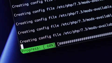 Computer screen showing 'Creating config file' and a green 'Progress: 59%',.. Stock Footage 320174347