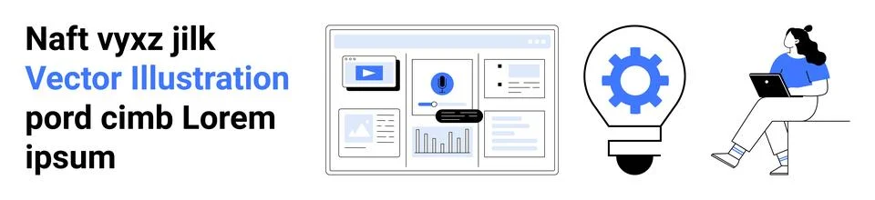 Computer screen showing data charts and analytics, light bulb with gear indic Stock Illustration