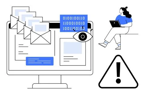 Computer screen showing emails, binary code, and an eye icon for monitoring.  Stock Illustration