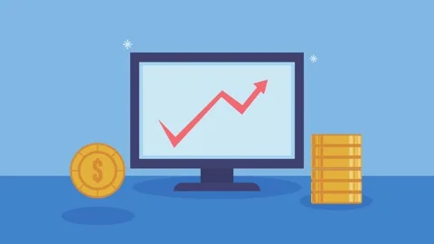 Computer screen showing financial growth chart with coins, representing bus.. Stock Footage 334158356