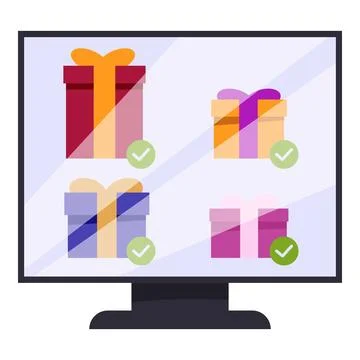 Computer screen showing gift boxes with check marks for online shopping and Stock Illustration