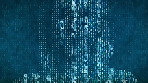 Computer screen showing a hexadecimal code in the shape of a woman talking head Видео 264931794