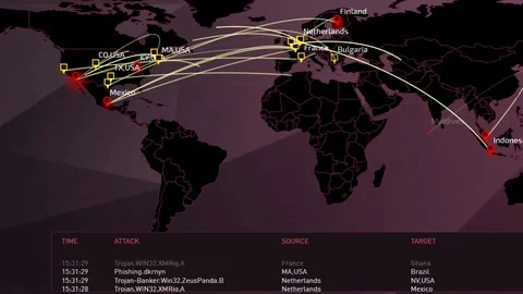 Computer screen showing map of world cyberattacks Stock Footage 89821399