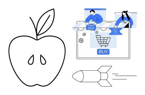 Computer screen showing online shopping items, cashback, and discount. Apple  Stock Illustration