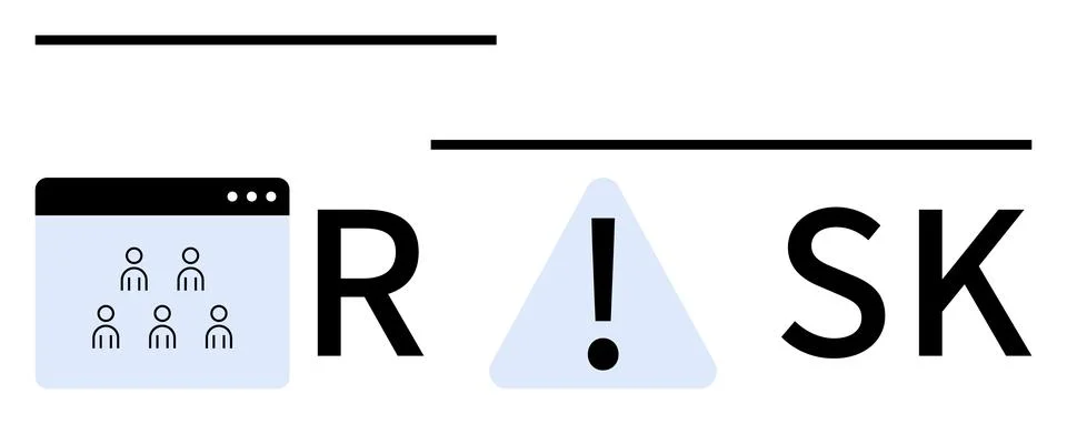 Computer screen showing people icons, large text reading RISK with an exclama Illustrazione stock
