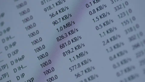 Computer screen showing real-time upload and download speeds for multiple files Stock Footage 318467540