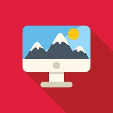 Computer screen showing snowy mountains and sun on red background Stock Illustration