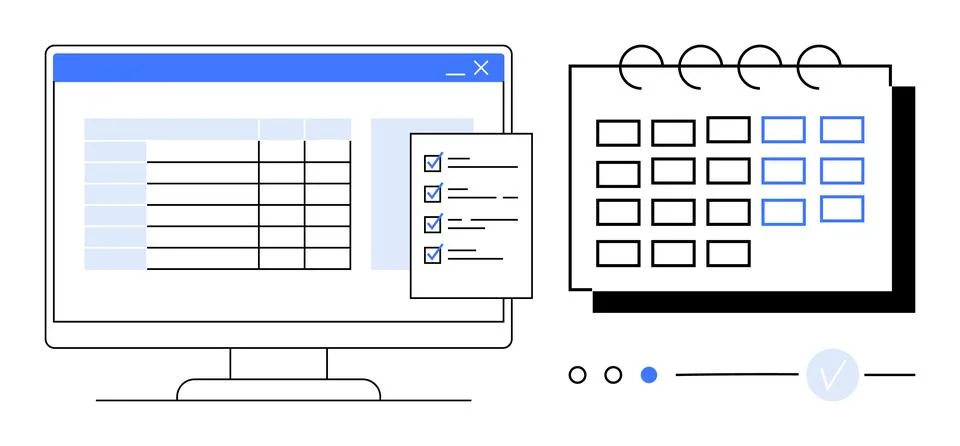 Computer screen showing spreadsheet next to calendar, checklists. Ideal for p Stock Illustration