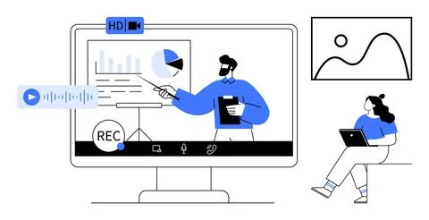 Computer screen showing a virtual presentation, male presenter discussing cha 스톡 일러스트