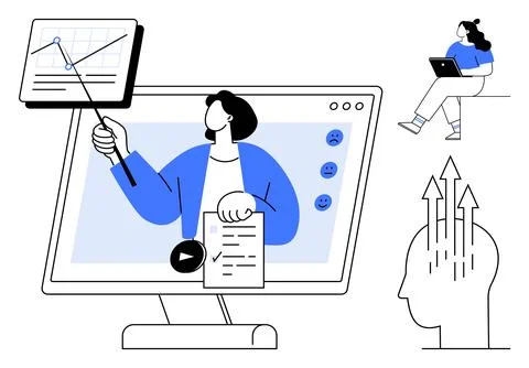 Computer screen showing virtual speaker presenting data chart with pointer re Stock Illustration