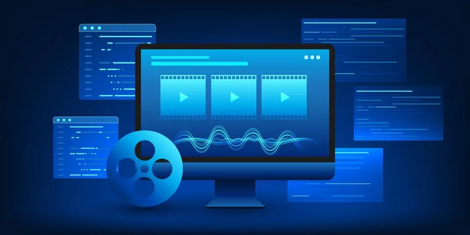 Computer screen showing the workings of AI in generating video, with progra.. Stock Illustration