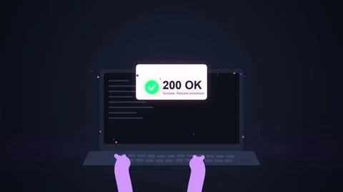 Computer Screen Shows 200 OK HTTP Status Code with Checkmark and Purple Hands Stock Footage 348423480