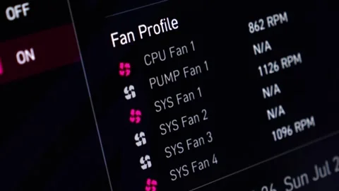 Computer screen shows Fan Profile settings with CPU, Pump, and System fan R.. Stock Footage 314389115