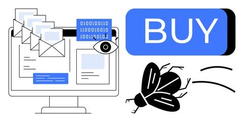 Computer screen shows multiple email messages, binary code, an eye symbol, la Stock Illustration