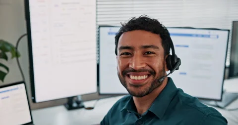 Computer screen, smile and man in call center for tech support, virtual Stock Footage 346947184